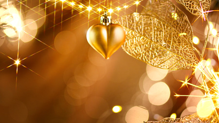 Christmas and New Year golden decorations. Abstract blinking holiday backgroundの写真素材