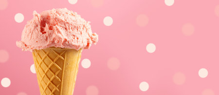 Ice cream. Strawberry or raspberry flavor icecream in waffle cone over pink polka dots background....