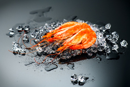 Shrimps. Fresh prawns with lemon on a black background. Seafood on crashed ice, slate tray dark vintage backgroundの写真素材