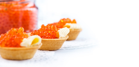 Salmon caviar. Tartlets with red caviar closeup. Gourmet food. Seafood. Trout caviarの写真素材