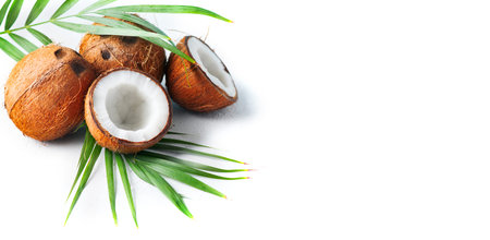 Coconut with coconuts palm tree leaf isolated on a white background. Fresh coco nut. Healthy food,...