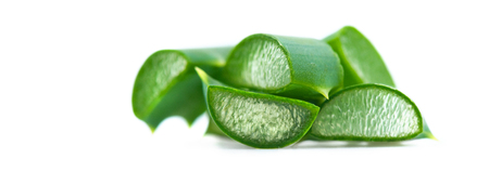 Aloe Vera closeup on white background. Sliced Aloevera. Natural organic renewal cosmetics, alternative medicine. Skincare conceptの写真素材