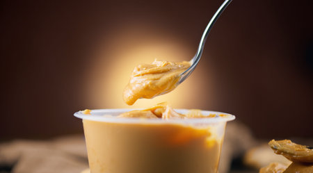 Peanut butter. Creamy smooth peanut butter in a jar on a table. Spoon of Natural nutrition. Organic food. American cuisineの写真素材