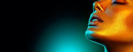 Fashion model woman skin face in bright sparkles, colorful neon lights, beautiful sexy girl lips,...