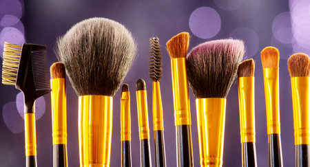 Makeup brushes set over black holiday blinking background. Various professional make up brush on...