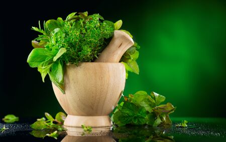 Herbs. Bunch of Fresh green organic aromatic herb leaves in wooden mortar with pestle over darkの写真素材