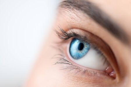 Beautiful human eye close-up. Young Woman Blue one eye macro shoot.の写真素材
