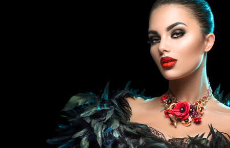High Fashion Model Girl Portrait with Trendy gothic make-up, Black Hair style, Make up, dark...