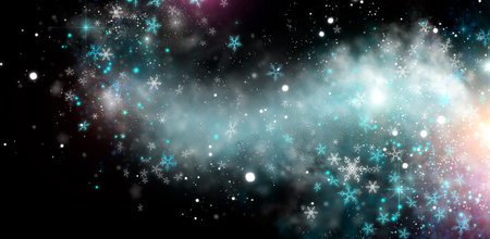 Winter Christmas and New Year glittering snow flakes swirl on black bokeh