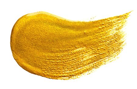 Gold paint Brush stroke isolated on white background. Flowing abstract Gold metallic paint smudge close-up. Smear of glittering make-up Lipgloss, blot of nail polish closeup, macro textureの写真素材