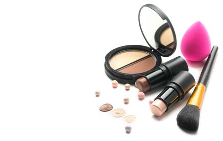 Make-up. Face contouring make up, contour. Highlight, shade, blend. Makeup Products, make up artist tools. Foundation, concealer. Trendy glamour makeover product set, isolated on white background.の写真素材