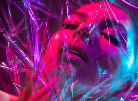 High Fashion model girl in colorful bright neon lights posing in studio through transparent film....
