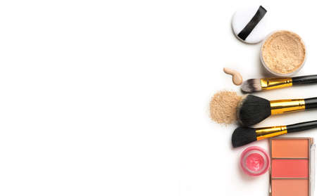 Make-up cosmetics. Face contouring make up, contour. Highlight, shade. Makeup Products, make up artist tools. Foundation, concealer. Trendy glamour makeover product set, isolated on white background.の写真素材