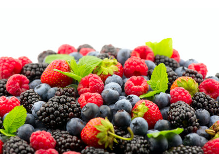 Berries. Various colorful berries background. Mint leaves, Strawberry, Raspberry, Blackberry, Blueberry close-up backdrop, isolated on white.の写真素材