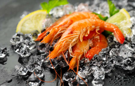 Shrimps. Fresh Prawns on a Black slate Background. Seafood on crashed ice served with herbs, dark backdrop. Served food, preparing healthy food, cooking, diet, nutrition conceptの写真素材