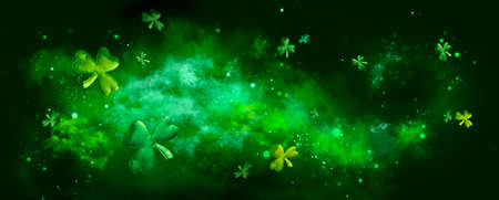 St. Patrick's Day abstract green background decorated with shamrock leaves. Patrick Day pub party celebrating. Abstract Beer art design magic backdrop. Widescreen clovers on black with copy spaceの写真素材