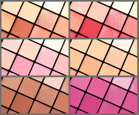 Make up palette set. Professional multicolor eyeshadow palette. Makeup. Professional multicolor eye shadow make-up palettes background, close-up. Various Colorful bright eye shadows backdrop.の写真素材