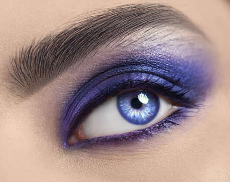 Beautiful woman eye makeup close-up. Young Woman Blue one eye macro shoot. Holiday violet color smoky eyes make-up, Macro Closeup eye looking up, closeup. Make up. Eyelashes, eyebrows, iris close-upの写真素材