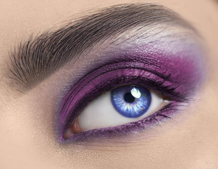 Beautiful woman eye makeup close-up. Young Woman Violet one eye macro shoot. Holiday violet color smoky eyes make-up, Macro Closeup eye looking up, closeup. Make up. Eyelashes, eyebrows, iris close-upの写真素材