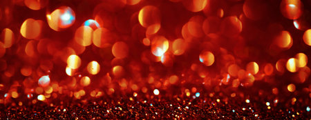 Christmas red with gold glowing background. Golden Holiday Abstract Glitter Defocused Backdrop With Blinking Stars and garlands, sparks. New year holiday glow background, bokeh. Wide screenの写真素材
