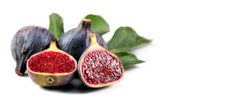 Ripe fig fruits with leaf close-up. Beautiful sweet fresh organic figs isolated on white background. label design. Healthy vegan food.の写真素材