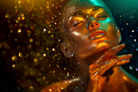 Fashion model woman skin face in bright sparkles, colorful neon lights, beautiful sexy girl...