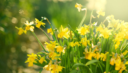 Daffodils, Narcissus, white Daffodil flowers in spring garden blooming, Easter background, bouquet. Beautiful Spring Easter daffodils growing, beauty flowerの写真素材