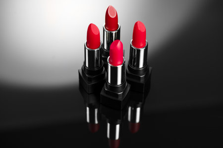 Lipstick. Fashion red Colorful Lipsticks on black and white background. Red Matte lipstick tints palette, Professional Makeup and beauty. Beautiful Make-up design concept. Lipstickの写真素材