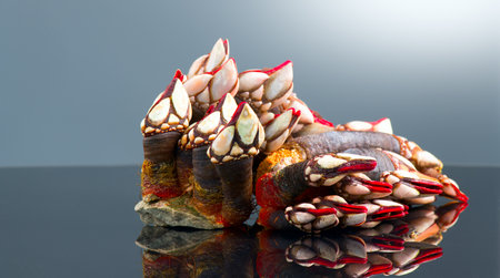 Barnacles, goose neck barnacle, percebes, gallician barnacles. Pollicipes pollicipes. Expensive delicatessen, gourmet sea food on gray background. Close upの写真素材