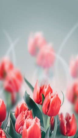 Tulip flowers bunch. Blooming Pink tulips flower background. Vertical Design of Tulips closeup. Holiday gift, bouquet, buds. Beautiful flowers. Valentine's Day gift, love conceptの写真素材