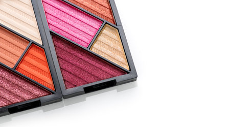 Make up palette set isolated on white background. Professional multicolor eyeshadow palette. Makeup. Professional multicolor eye shadow make-up palette, close-up. Various Colorfulの写真素材