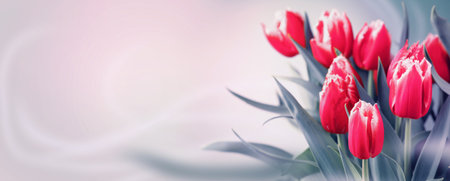 Tulip flowers bunch. Blooming Pink tulips flower background. Wide screen design of Tulip border closeup. Holiday gift, bouquet, buds. Beautiful flowers. Valentine's Day gift, loveの写真素材