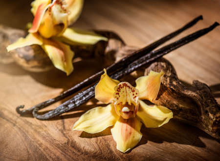 Vanilla flowers and pods close up. Vanilla beans over wooden background, macro shot. Aromatic condiments, closeupの写真素材