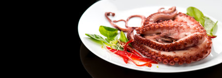 Octopus serving with vegetables, sea food. Freshly boiled octopus on a white plate, Mediterranean cuisine, dinner. Border design on black backgroundの写真素材