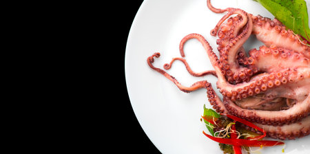 Octopus serving with vegetables, sea food. Freshly boiled octopus on a white plate, Mediterranean cuisine, dinner. Border design on black backgroundの写真素材