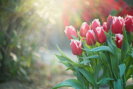 Tulips flower blooming in spring garden. Spring garden tulip flowers blooming on flower bed, trendy gardening concept, beautiful blooming red tulips in sun lightの写真素材