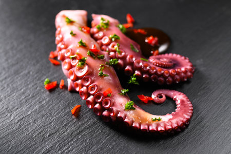 Octopus serving with vegetables, sea food. Freshly boiled octopus tentacles dish on a dark stone slate plate, Asian, Mediterranean cuisine, dinner. Restaurant menu, on black backgrの写真素材