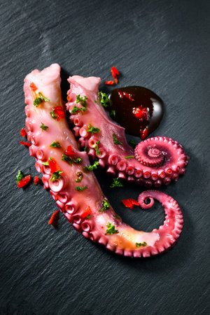 Octopus serving with vegetables, sea food. Freshly boiled curved octopus tentacles dish on a dark stone slate plate, Asian, Mediterranean cuisine, dinner. Restaurant menu, on blackの写真素材