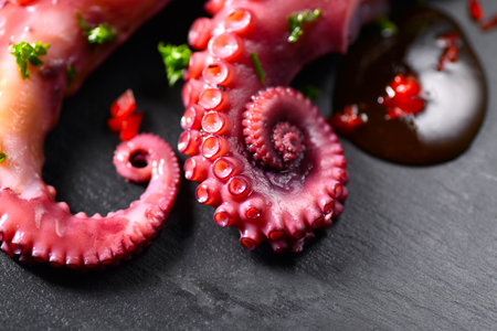 Octopus serving with vegetables, sea food. Freshly boiled curved octopus tentacles dish on a dark stone slate plate, Asian, Mediterranean cuisine, dinner. Restaurant menu, on blackの写真素材