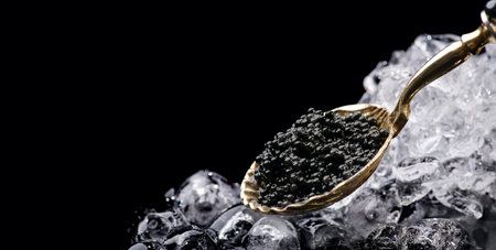 Black Caviar in golden spoon on ice. High quality natural sturgeon black caviar close-up. Delicatessen. Texture of expensive luxury caviar isolated on black background, border desiの写真素材