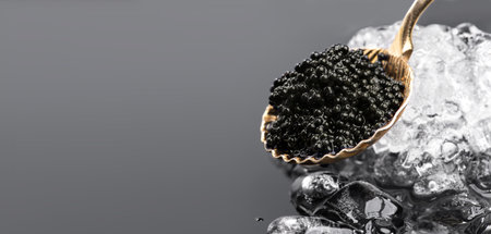 Black Caviar in golden spoon on ice. High quality natural sturgeon black caviar close-up. Delicatessen. Texture of expensive luxury caviar over gray backgroundの写真素材