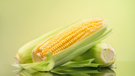 Corn cobs on yellow and green bright background. Fresh raw ripe Sweetcorn closeup. Corn on the cob. Healthy organic vegetarian food, close up.の写真素材