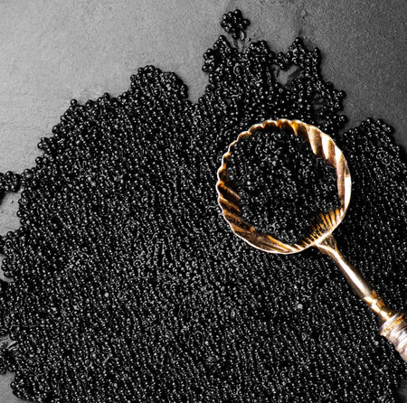 Black Caviar in golden spoon on caviar backdrop. High quality natural sturgeon black caviar close-up. Slate stone background. Delicatessen. Texture of expensive luxury caviar, topの写真素材