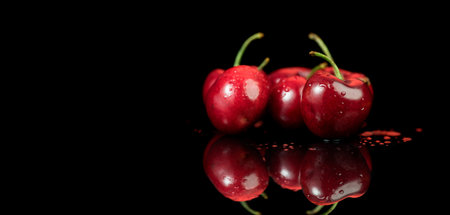 Cherries isolated on black background. Fresh ripe Cherry close-up. Organic red cherries isolated on...