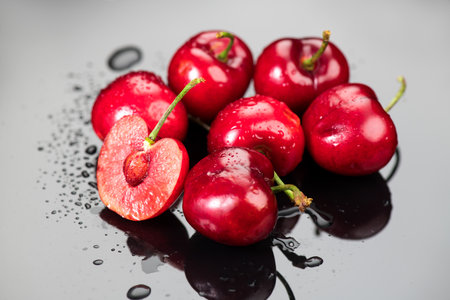 Cherries on gray background. Fresh ripe Cherry berries close-up. Organic red cherries with water drops on grey background. Heap of juicy organic Berries, vegan food. Top viewの写真素材
