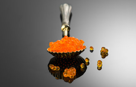 Red Caviar in a spoon over gray background. Close-up of salmon fish roe caviar. Delicatessen. Texture of trout caviar. Seafood backdrop.の写真素材