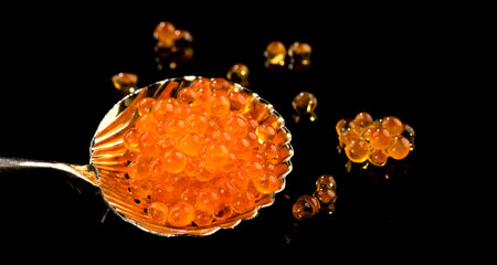 Red Caviar in a spoon isolated on black background. Close-up of salmon fish roe caviar. Delicatessen. Texture of trout caviar. Seafood backdrop.の写真素材
