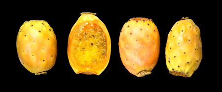 Prickly pear cactus, set of Opuntia edible fruit macro shot, isolated on black background. Whole and halved fresh tasty sweet exotic fruits macro shot. Opuntia ficus indica, top viの写真素材