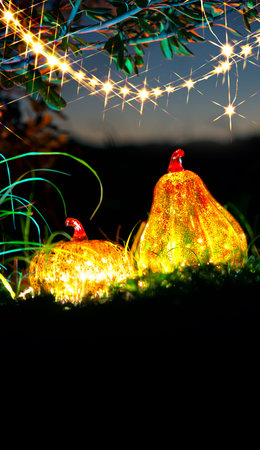Halloween pumpkin lanterns with garland over dark night background. Two glowing lights, Halloween...