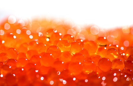 Red caviar background texture close up. Salmon caviar backdrop. Delicious gourmet food. Delicatessen. Texture of caviar. Seafood, macro shotの写真素材